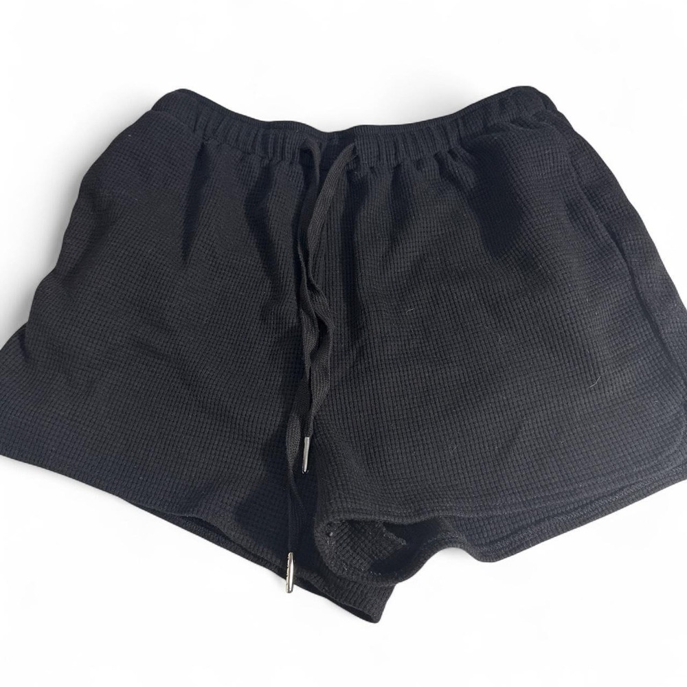 Black Waffle Knit Loungewear Shorts Elastic Drawstring Thermal Sleepwear Small